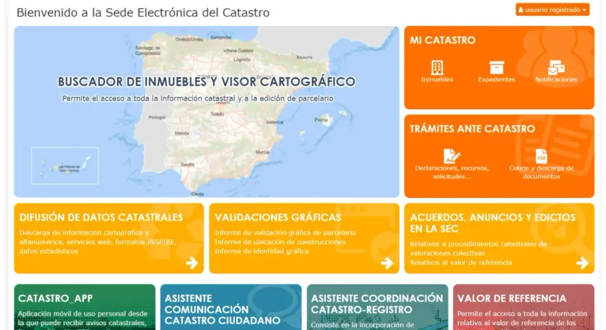 La Sede Electrónica del Catastro muestra un mapa de España y opciones para consultar información, incluyendo qué es la referencia catastral de una vivienda.