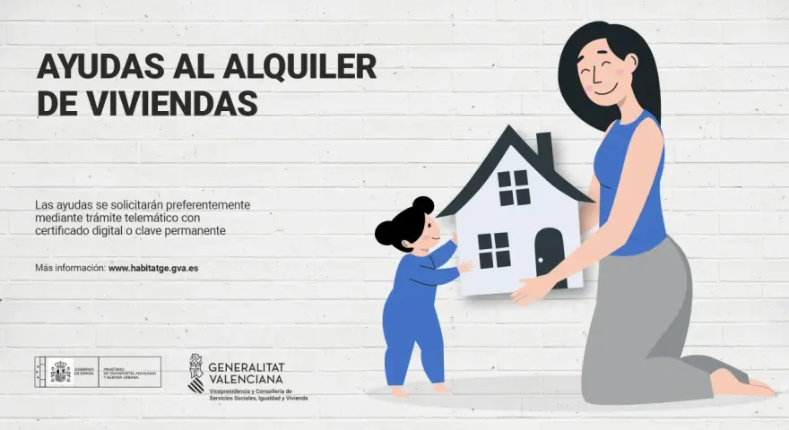 Ilustración de dos mujeres y una casa, promoviendo ayudas para propietarios de viviendas en alquiler.