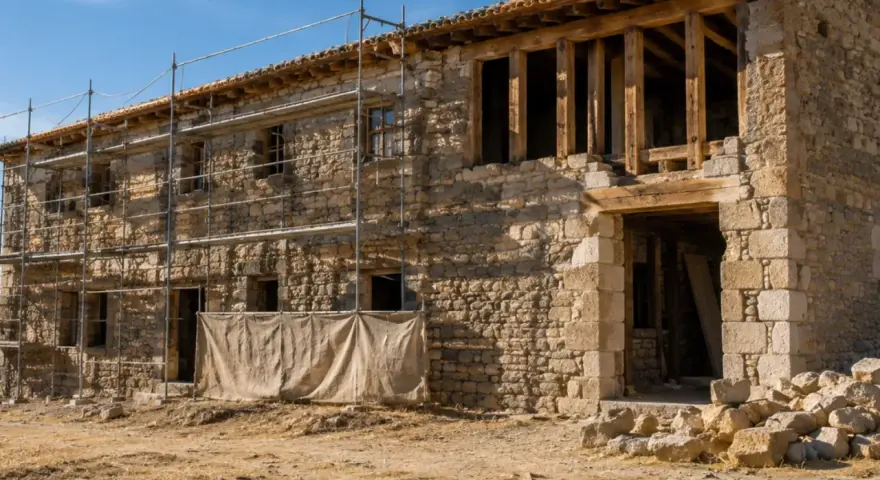 Andamios rodean una casa de piedra en ruinas, demostrando que se puede rehabilitar una casa declarada en ruinas.