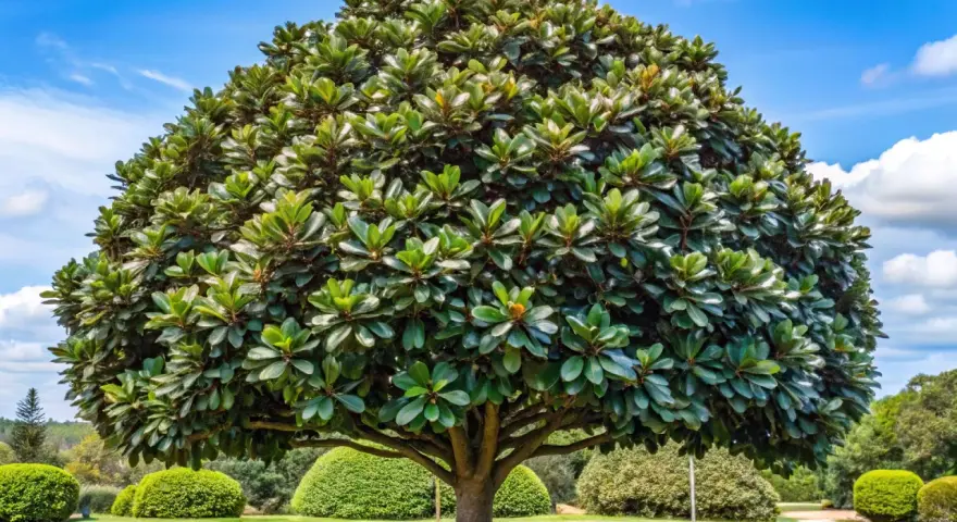 Magnífico árbol frondoso, ideal como uno de los árboles para jardín, con un tronco robusto y follaje verde intenso bajo un cielo azul con nubes.
