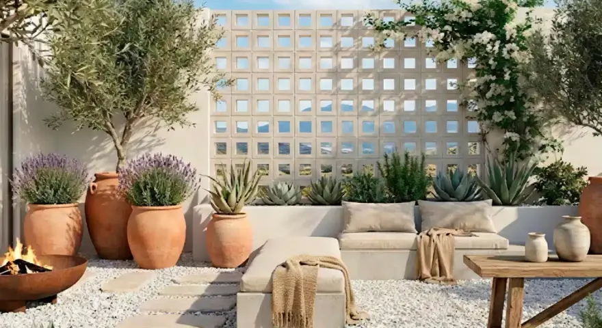 Terraza con asientos, plantas en macetas, un fuego y una pared de bloques decorativa.