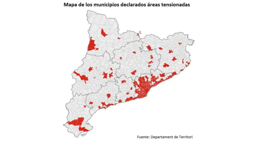 Mapa de Cataluña con municipios en rojo, indicando zonas tensionadas de alquiler.