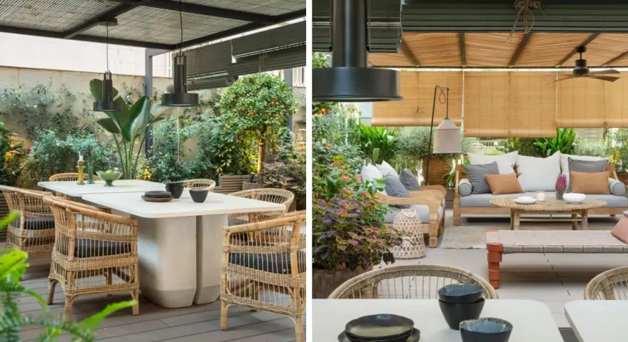 Elegante decoración ibicenca exterior con muebles de ratán, mesas de piedra y abundante vegetación. Un oasis de paz y estilo.