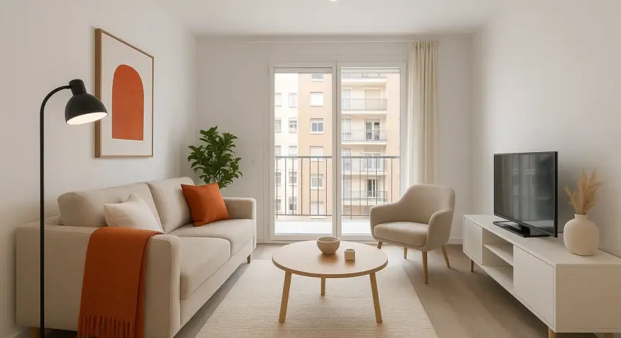 Salón moderno y luminoso. Sofá beige, mesa de centro, sillón, TV y planta. ¡Ideal para cuando pueda alquilar mi primera vivienda!