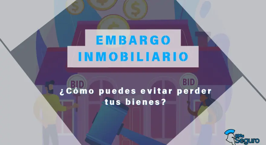 Ilustración sobre embargo inmobiliario. Un martillo de juez y monedas flotan sobre una casa, con personas y el texto "¿Cómo puedes evitar perder tus bienes?".