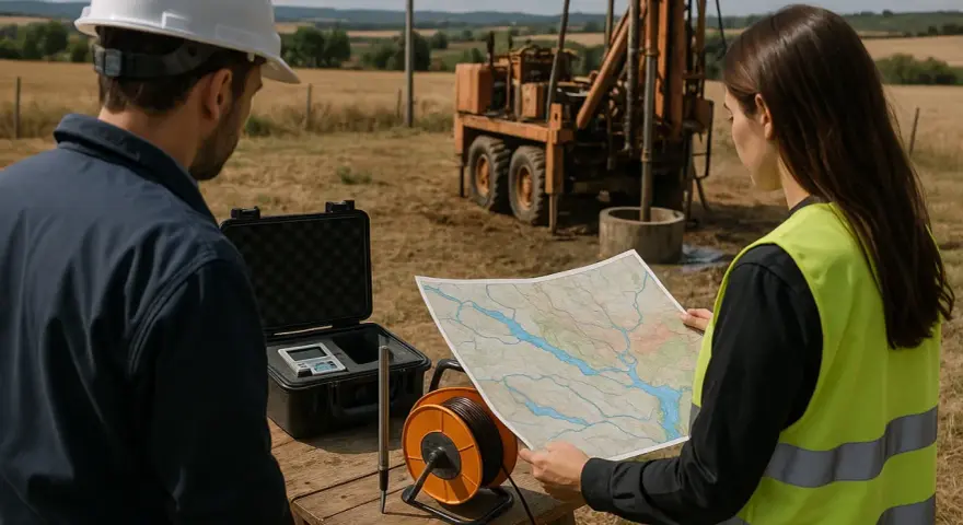 Ingenieros analizan mapa junto a equipo de perforación, buscando pozos anteriores a 1986.