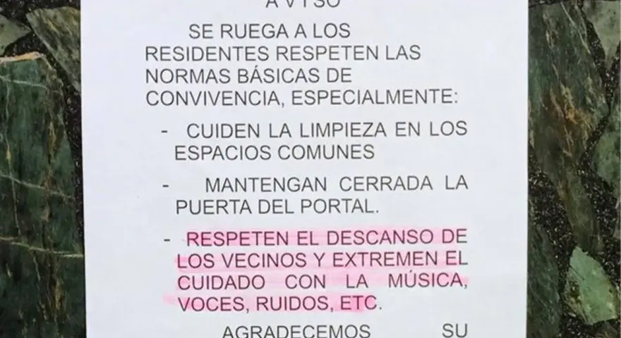 Aviso sobre vecinos ruidosos: se pide respetar normas de convivencia, limpieza y descanso.