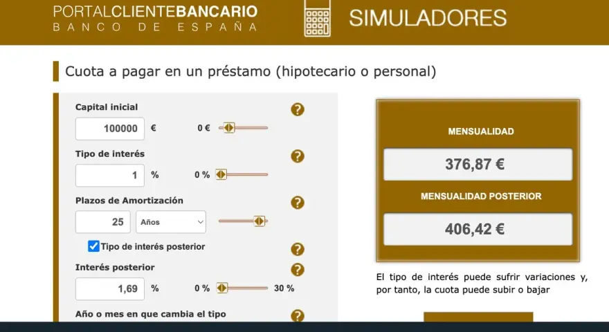 Simulador del Banco de España para calcular qué hipoteca me puedo permitir. Muestra capital inicial, tipo de interés y plazos.