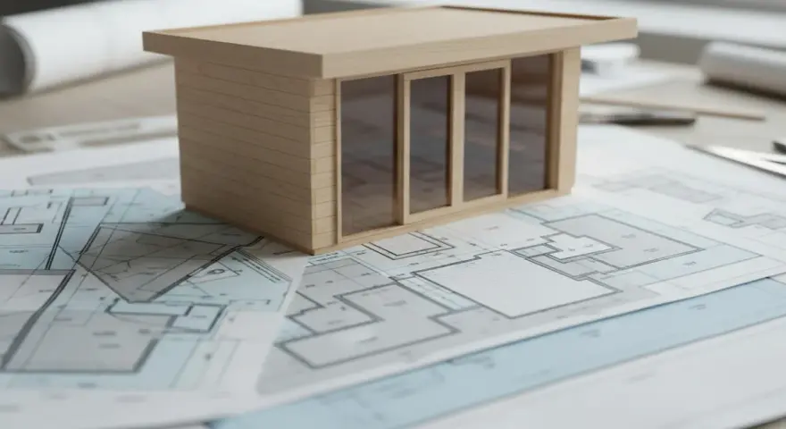 Maqueta de casa moderna sobre planos arquitectónicos, mostrando el concepto de **que es suelo urbano** y su desarrollo.