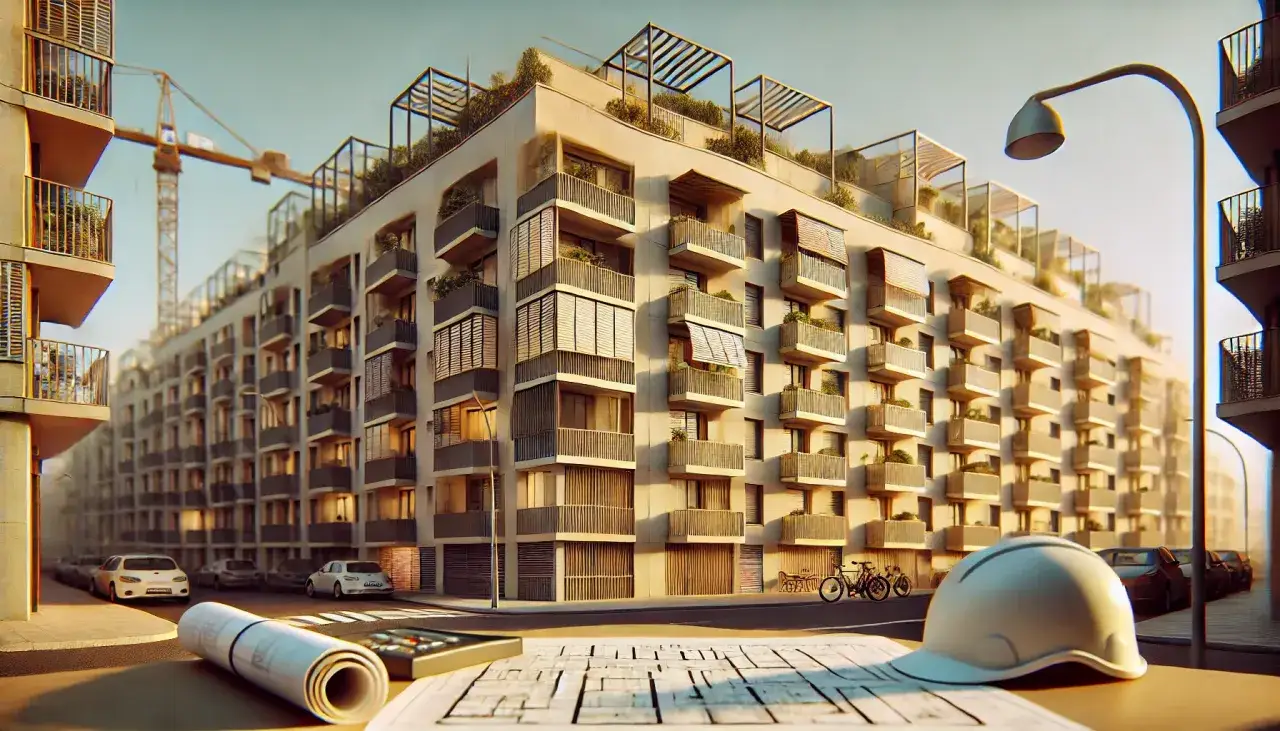 Modernos edificios catalunya con balcones y terrazas, gr&uacute;a de construcci&oacute;n al fondo. Planos y casco de obra en primer plano.