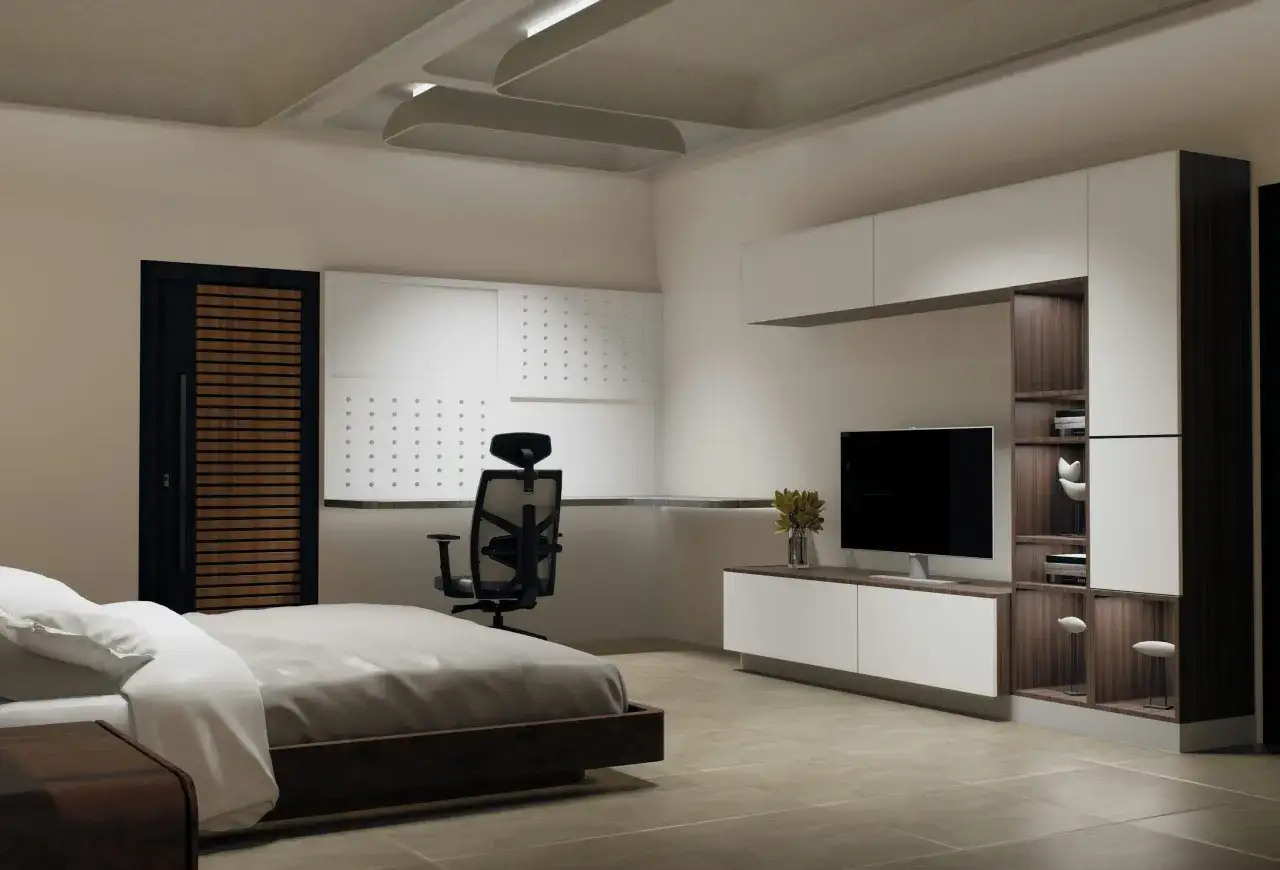 Dormitorio con despacho moderno. Cama doble, armario empotrado, escritorio con silla ergon&oacute;mica y TV.