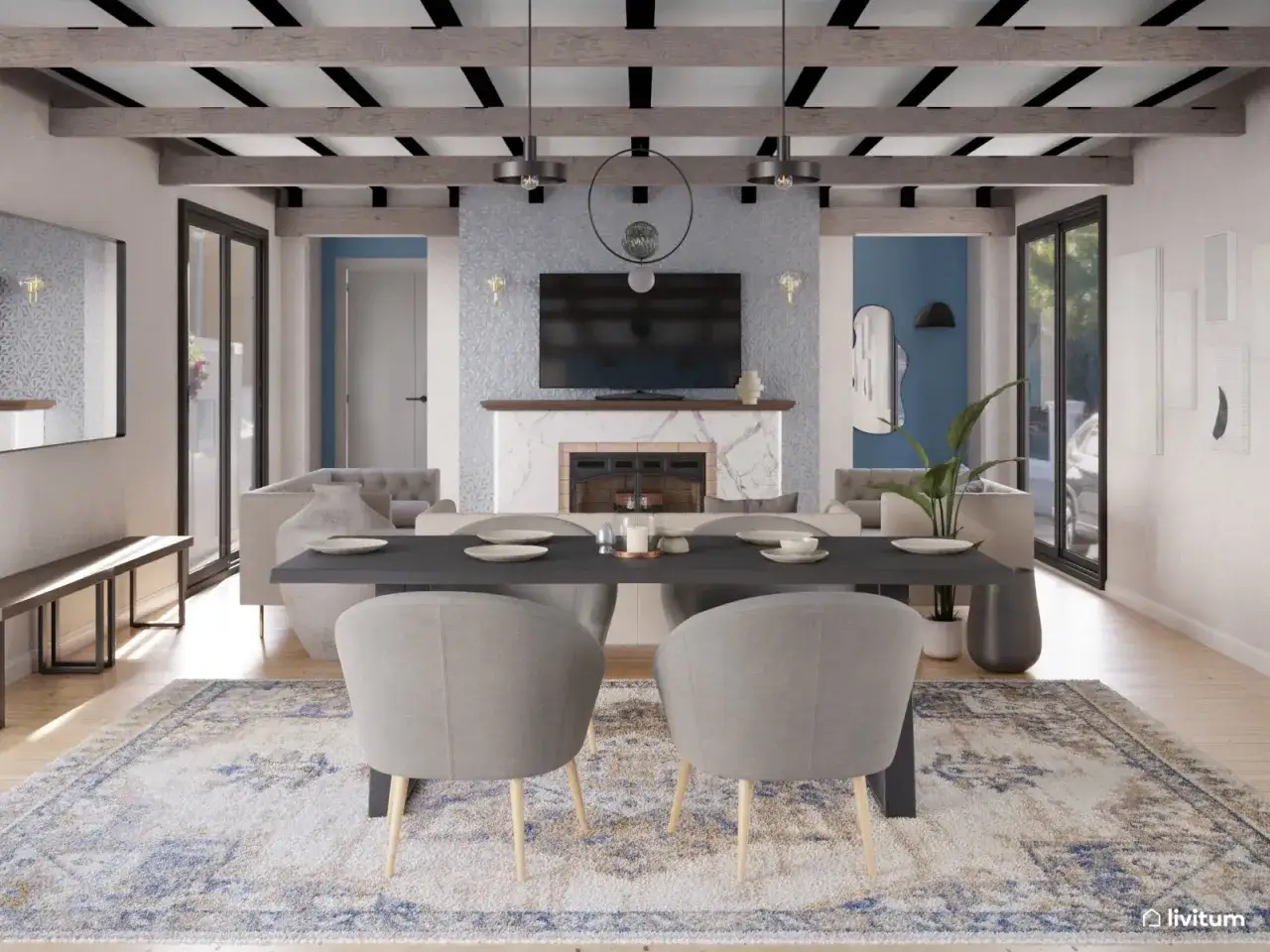 Comedor moderno donde el gris y azul combinan en muebles, alfombra y paredes. Vigas de madera en el techo.