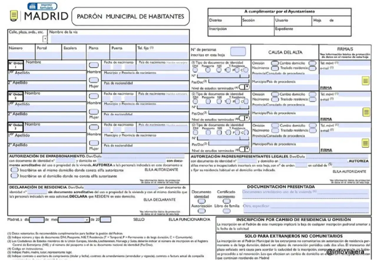 Formulario del Padr&oacute;n Municipal de Madrid para empadronarse sin contrato de alquiler.