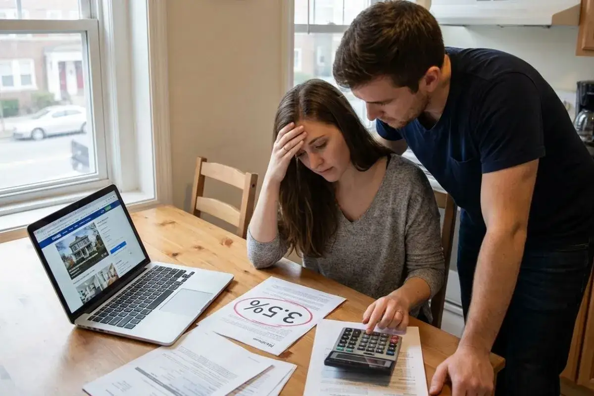 Pareja preocupada calculando gastos para comprar un piso a medias. En la mesa, un port&aacute;til con anuncios de casas, calculadora y papeles.