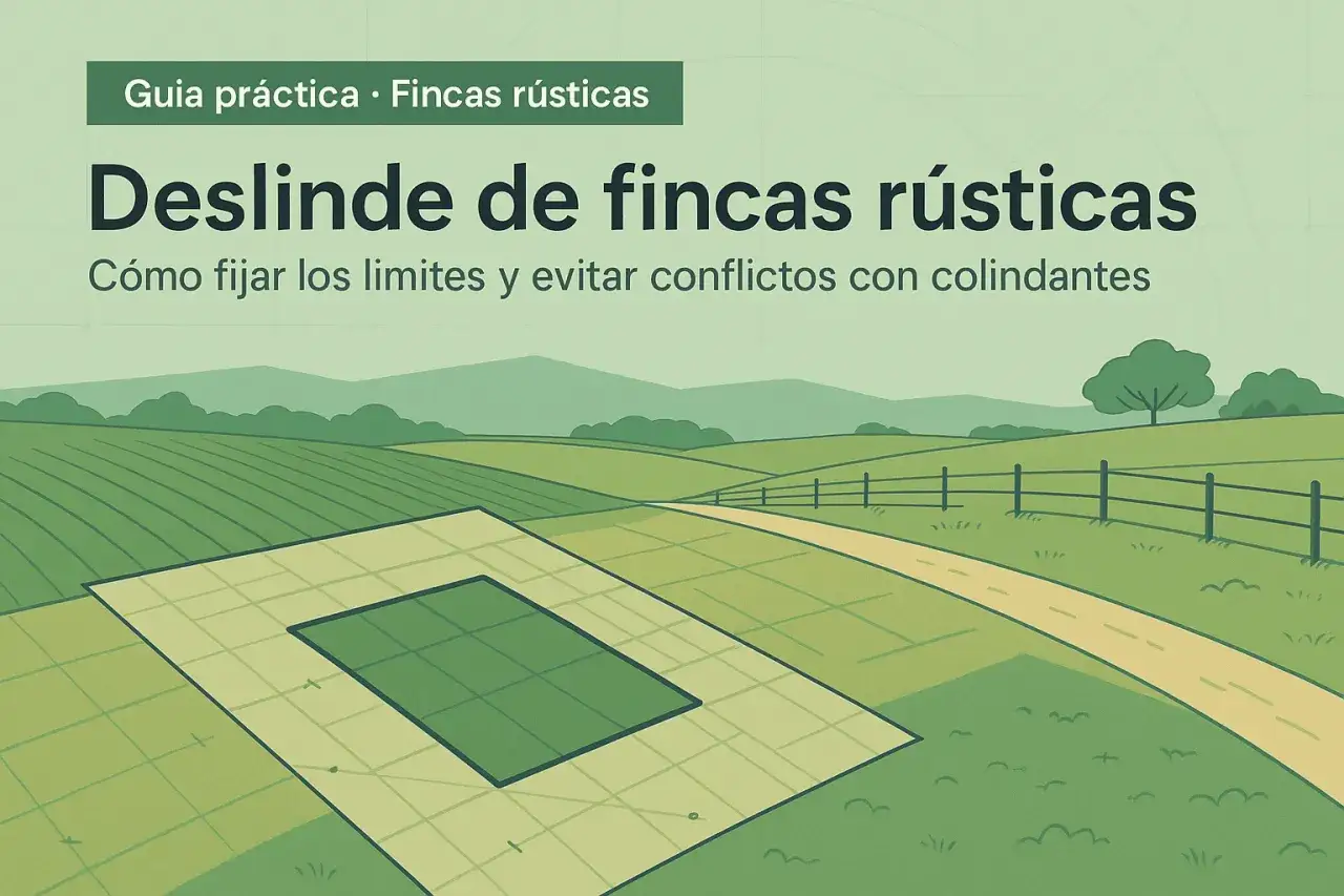 Ilustración de un paisaje rural con un plano de deslinde. Guía sobre la normativa de vallas entre vecinos para evitar conflictos.