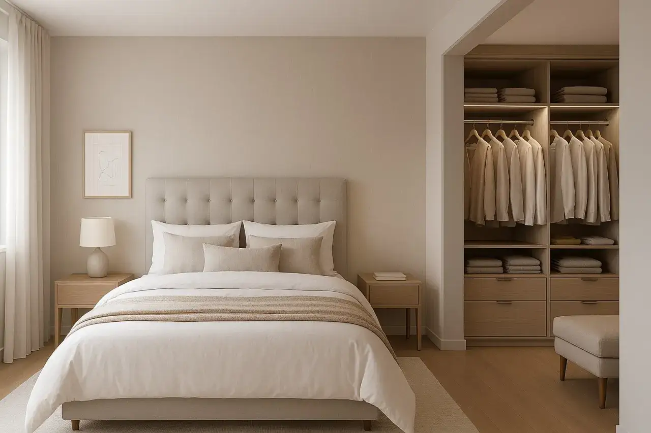 Dormitorio moderno y sereno. Una cama con cabecero tapizado y ropa de cama neutra. Un armario abierto con ropa organizada. Una forma genial de renovar dormitorio sin cambiar muebles.
