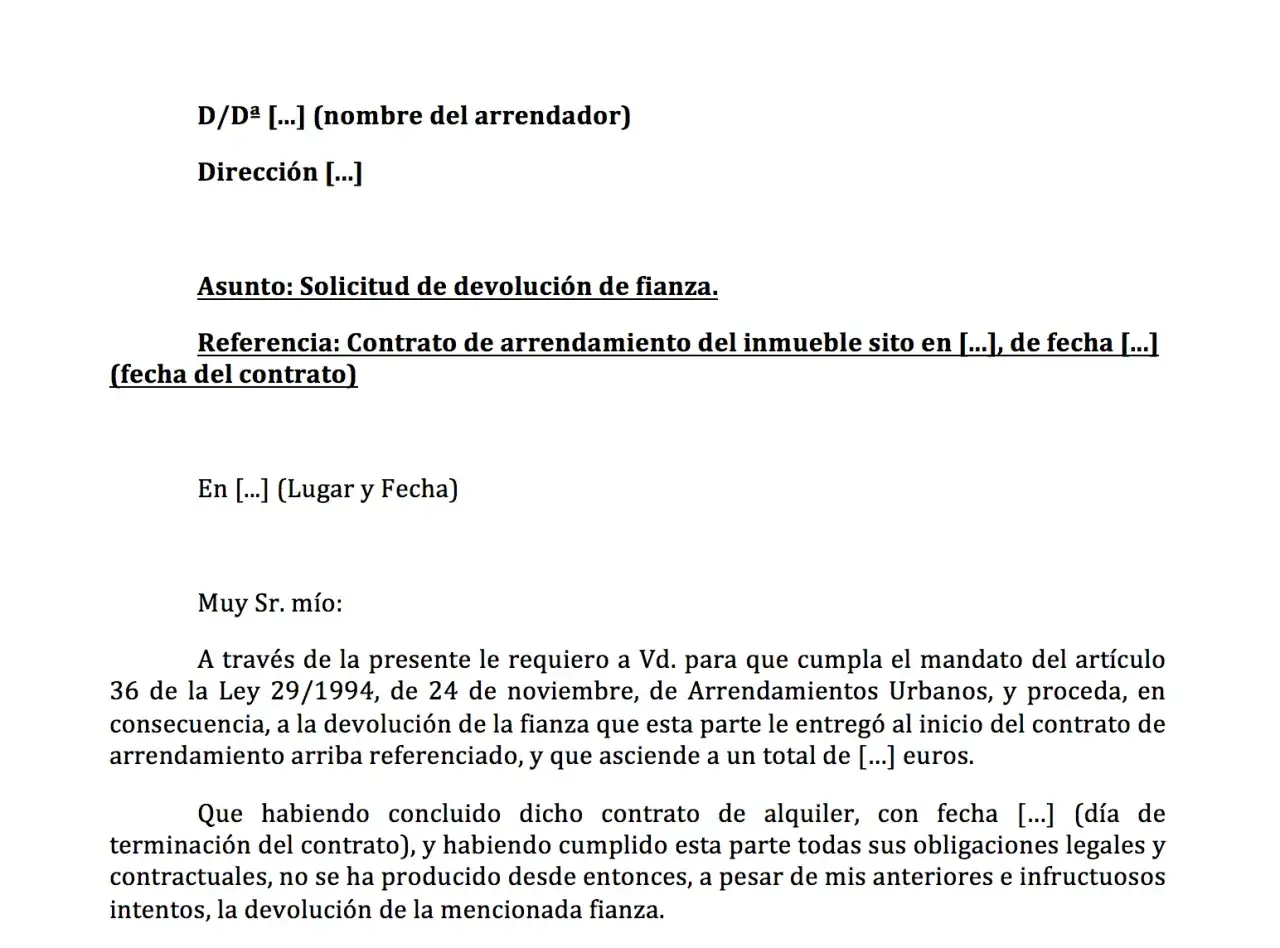 Solicitud de devoluci&oacute;n de fianza de alquiler. El inquilino reclama la fianza, indicando que se puede usar para pagar el alquiler.