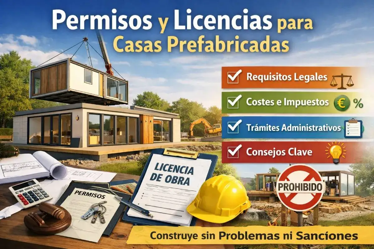 Instalaci&oacute;n de casa prefabricada en terreno urbano. Documentos, calculadora y casco de obra sugieren tr&aacute;mites y permisos necesarios.