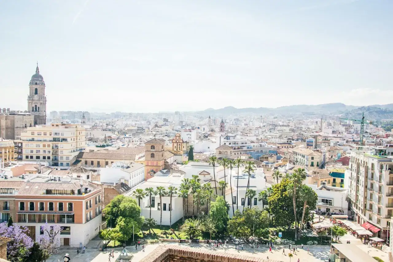 Vista panorámica de una ciudad con edificios históricos y modernos, palmeras y un campanario. Un lugar ideal para la inversión inmobiliaria.