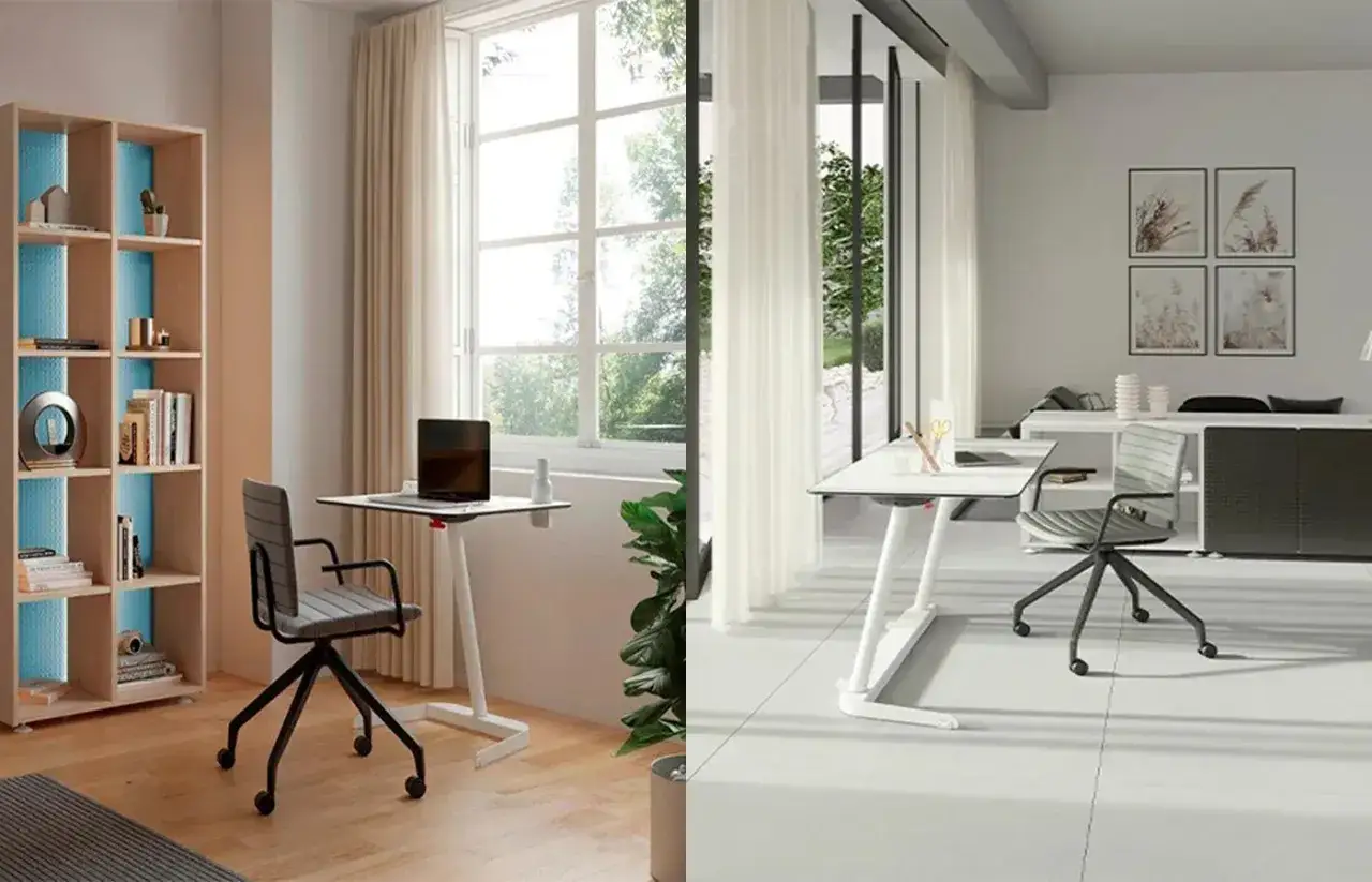 Ideas para como distribuir un despacho en casa: estanter&iacute;a, escritorio minimalista y silla ergon&oacute;mica junto a una ventana luminosa.