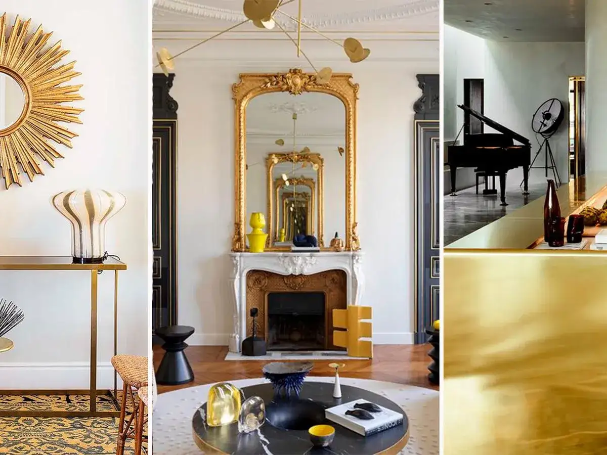 Elegantes interiores que muestran que colores pegan con el dorado: negro, blanco, amarillo y tonos tierra.