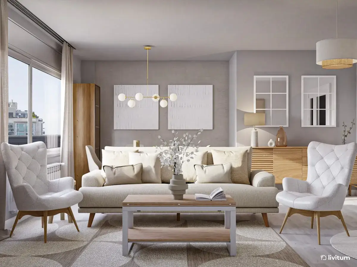 Elegante sal&oacute;n con sof&aacute;s y sillones blancos, mesa de centro de madera y detalles dorados. Los colores que combinan con el blanco crean un ambiente sereno.