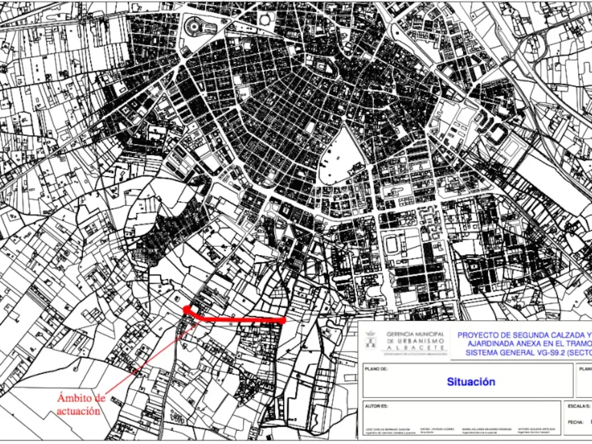 Plano de situación de un proyecto de urbanismo en Albacete, señalando el ámbito de actuación y la posible aplicación de la ley de expropiación forzosa.