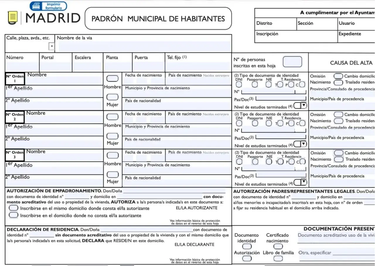 Formulario Padr&oacute;n Municipal de Habitantes de Madrid. Aqu&iacute; se detalla qu&eacute; necesito para empadronarme en un piso de alquiler.