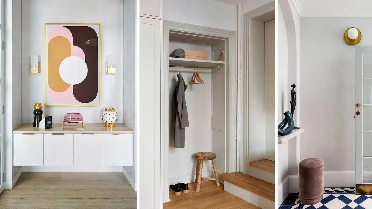 Decoraci&oacute;n de un rellano de escalera con mueble moderno, armario empotrado y un descansillo con escultura y taburete.