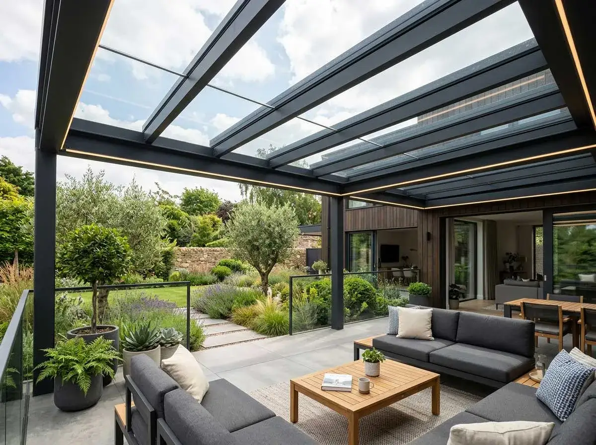 Modern patio with glass roof, perfect for ideas para techar patio interior. Sof&aacute;s grises, mesa de madera y jard&iacute;n exuberante.