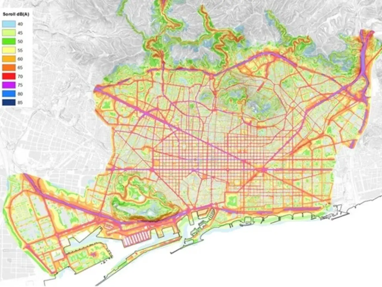 Mapa de ruido de Barcelona. Muestra niveles de sonido, &uacute;til para saber hasta qu&eacute; hora se puede hacer ruido en Catalu&ntilde;a.
