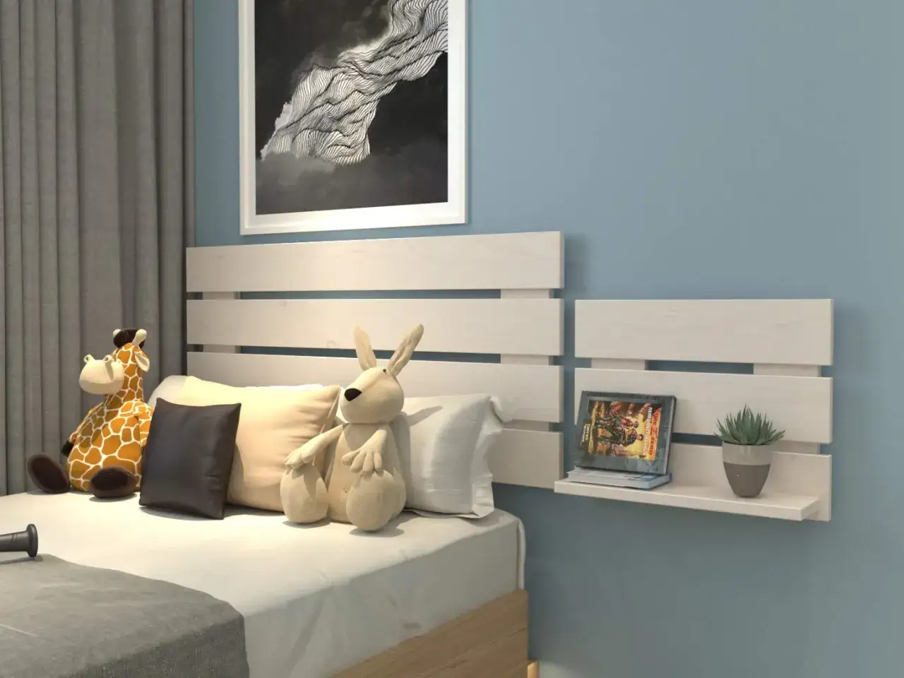 Cabecero de palets ideas: cama con peluches, cojines y un pequeño estante con libro y planta.