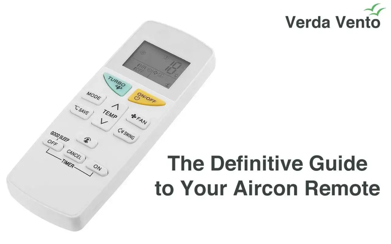 Mando a distancia de aire acondicionado con botones para modo, turbo, temperatura y otros símbolos.