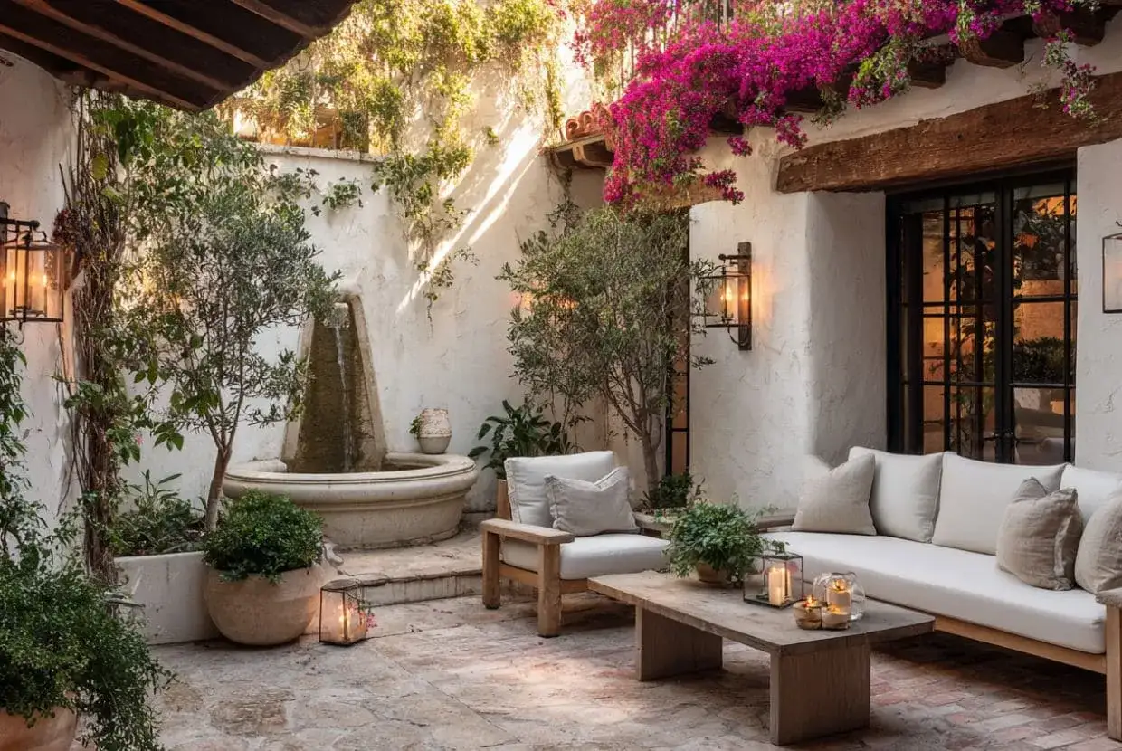 Un rinc&oacute;n de ensue&ntilde;o con fuente, olivo y sof&aacute;s blancos. Un ejemplo de patios con encanto, ideal para relajarse.
