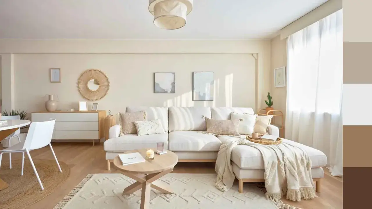 Un sal&oacute;n con sof&aacute; blanco, mesa de centro de madera y alfombra beige. El minimalismo en casa se refleja en la decoraci&oacute;n sencilla y los tonos neutros.