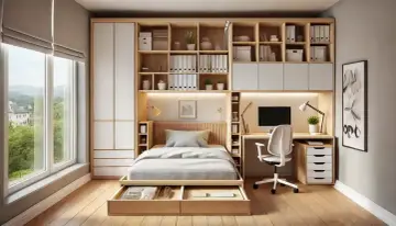 Dormitorio con despacho integrado, cama con cajones y estanterías de madera. Ideal para espacios pequeños.
