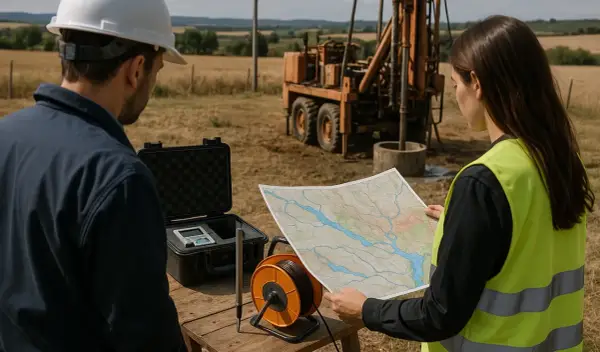 Ingenieros analizan mapa junto a equipo de perforación, buscando pozos anteriores a 1986.