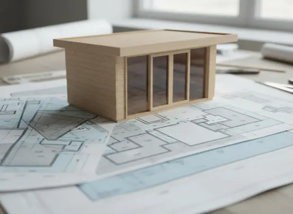 Maqueta de casa moderna sobre planos arquitectónicos, mostrando el concepto de **que es suelo urbano** y su desarrollo.