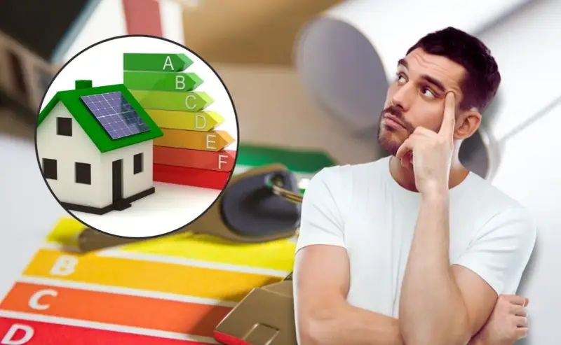 Hombre pensativo junto a una casa con paneles solares y escala de eficiencia energética, pensando en contratos de alquiler.