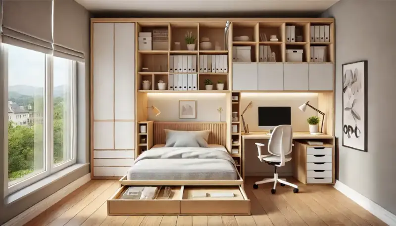 Dormitorio con despacho integrado, cama con cajones y estanterías de madera. Ideal para espacios pequeños.
