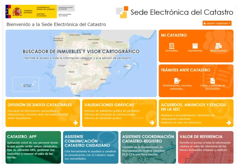 La Sede Electrónica del Catastro muestra un mapa de España y opciones para consultar información, incluyendo qué es la referencia catastral de una vivienda.