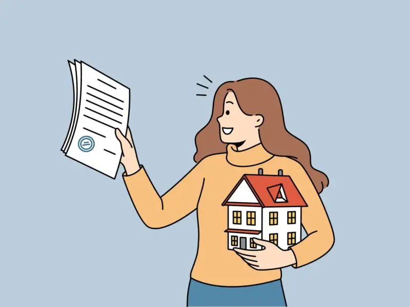 Mujer sonriente sostiene una casa y un documento, indicando cómo saber si una casa tiene seguro.