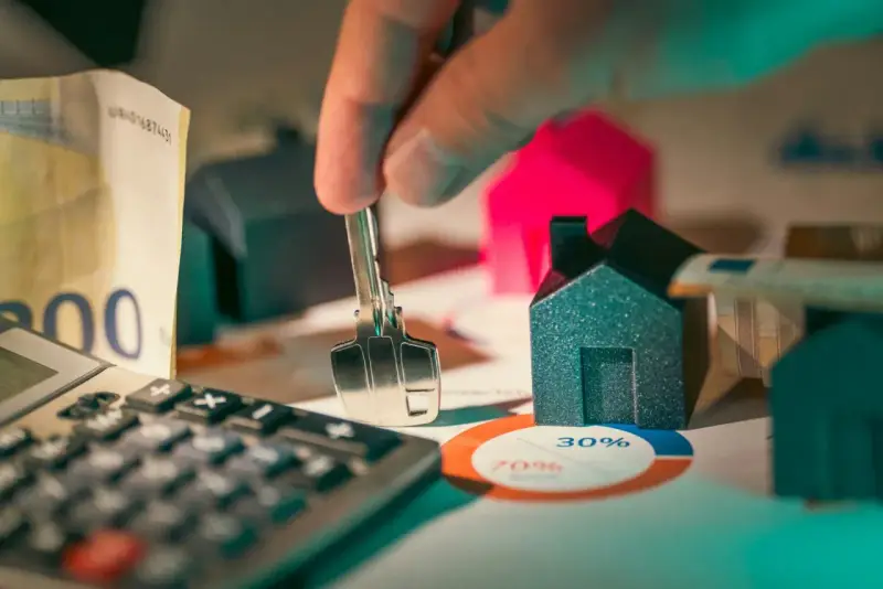 Llaves, dinero y casas en miniatura sobre un gráfico. ¿Es posible empadronarse sin contrato de alquiler?